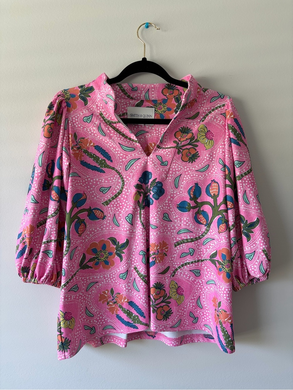 smith & quinn pink floral paisley puff sleeve resort blouse xs